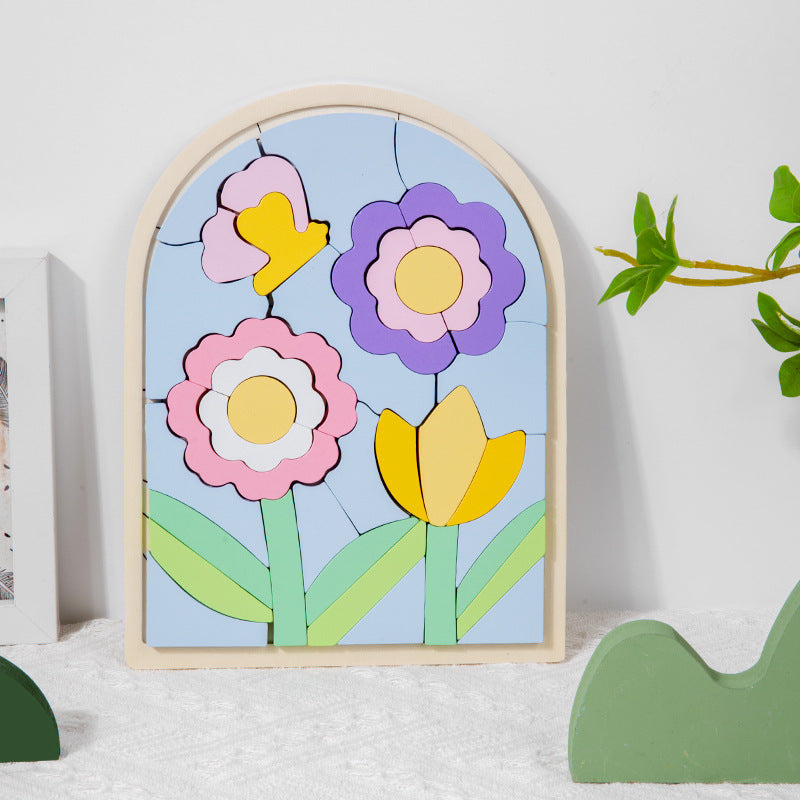 Puzzle 3D en Bois Enfant – Motif Arc-en-ciel Soleil ou Fleurs, Association Animaux, Éveil & Concentration, Cadeau Dès 3 Ans