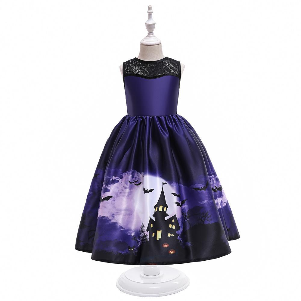 Robe Déguisement Halloween Fille – Style Princesse avec Dentelle, 3 Coloris Noir Violet Bleu Nuit, Tailles 120–140cm, Fête Carnaval