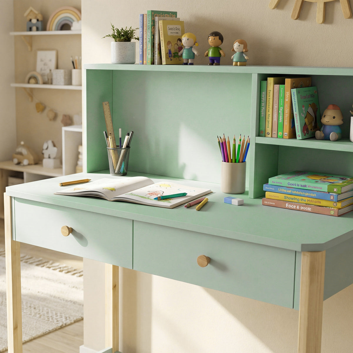 Bureau Enfant en Bois – 2 Tiroirs & 3 Compartiments, Plateau 90x37cm, MDF & Pin, Vert, 5-12 Ans, Norme EN71