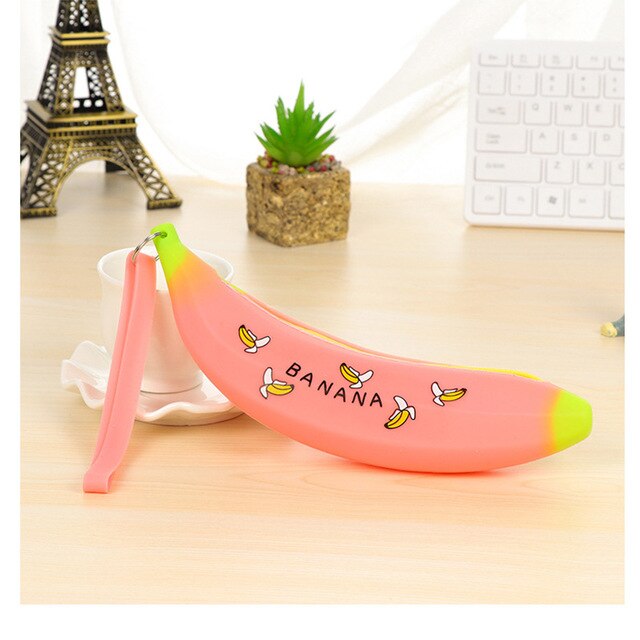 Trousse Kawaii Banane en Silicone Grande Capacité – Motif Cartoon Mignon, Étudiant Fille, 3 Coloris Jaune Bleu Rose
