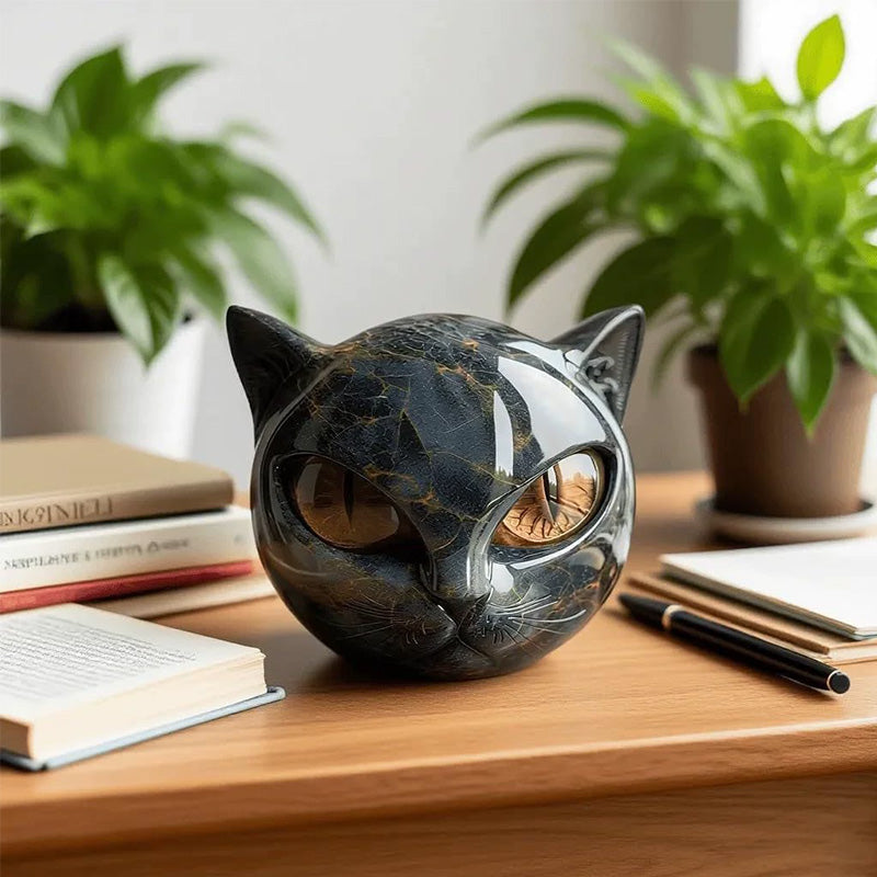 Statuette Chat Noir en Résine – Texture Marbre, Yeux Ambrés, 5 Coloris, Déco Maison & Bureau, Cadeau Amoureux Chats