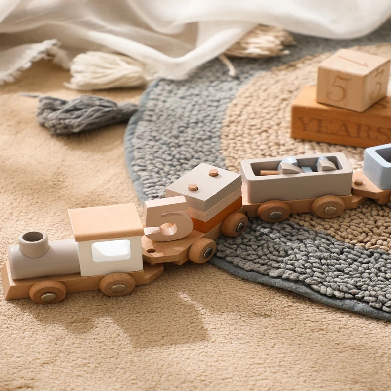 Train en Bois Montessori – Chariot À Pousser Bebe, Chiffres en Bois, Éveil & Apprentissage, Cadeau Naissance Anniversaire