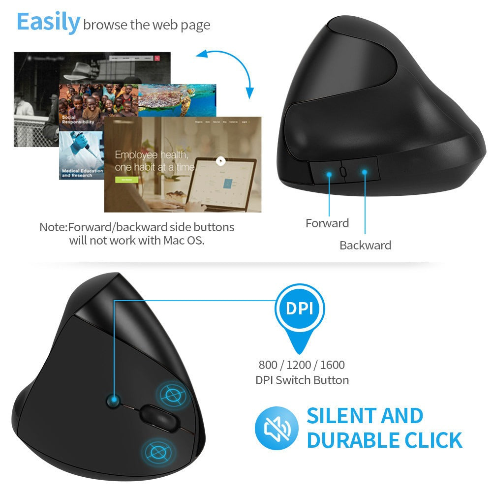 Souris Sans Fil Ergonomique 2.4G Silencieuse Rechargeable – Verticale & Tenue en Main, Optique, Or Gris Noir, PC & Laptop