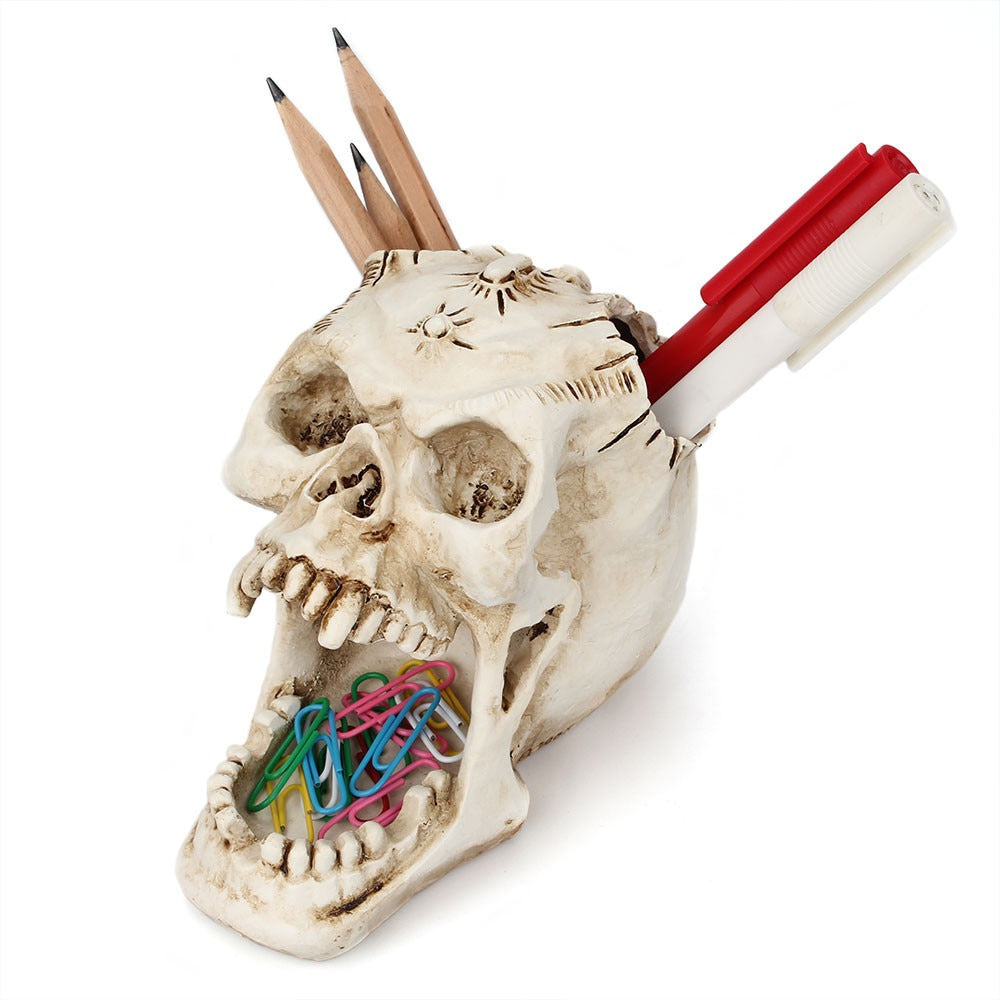 Pot à Crayons Crâne Terreur en Résine – Range-Stylos Déco Bureau Halloween, Organiseur Original Macabre