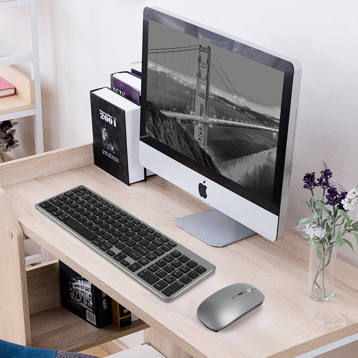 Pack Clavier + Souris Sans Fil Bluetooth & USB Rechargeable – Touches Silencieuses, Pavé Numérique, Compatible iPad PC Mac, 2 Coloris