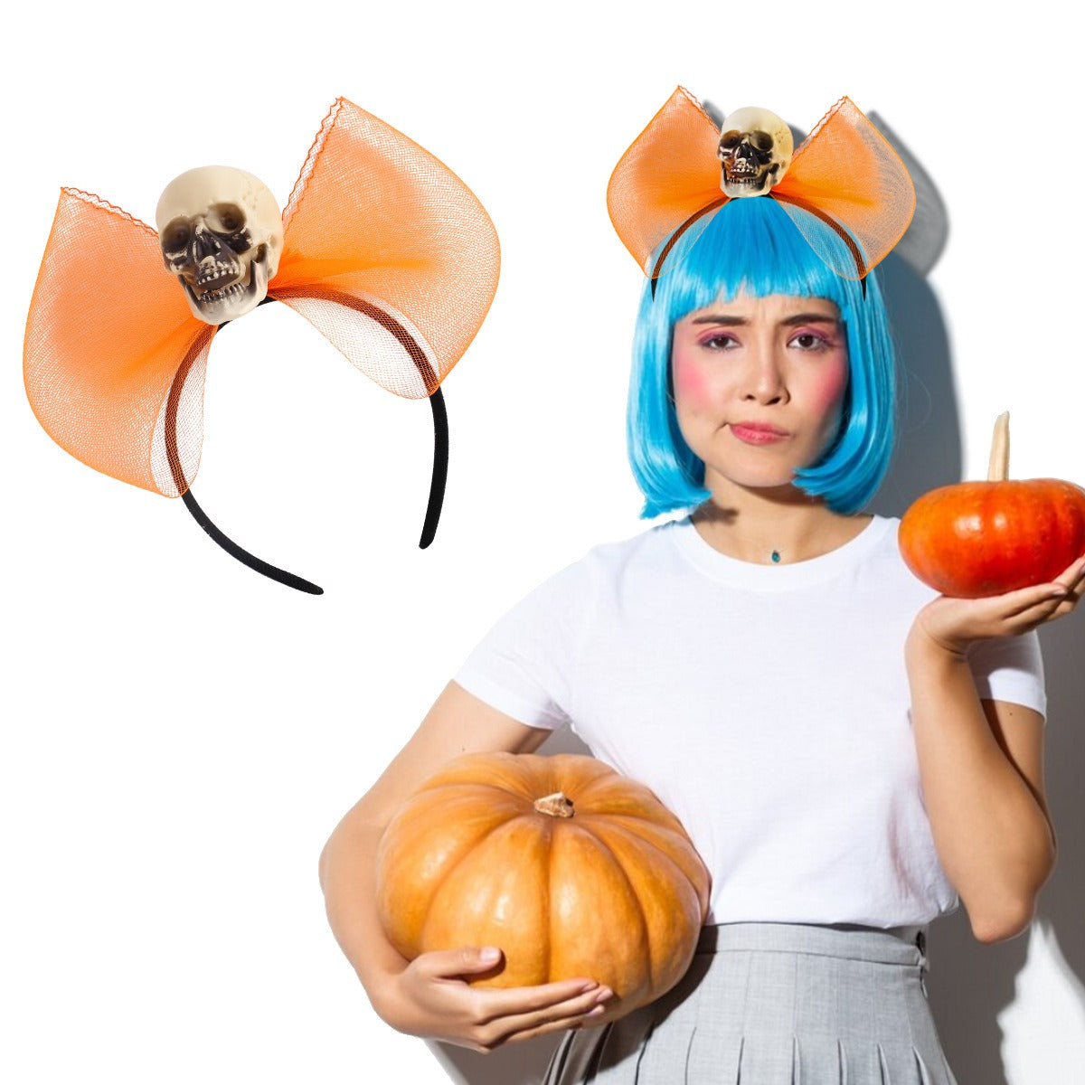 Serre-Tête Halloween Crâne & Araignée – Accessoire Coiffure Fête, Orange ou Violet, Fil de Fer & Pompons Laine