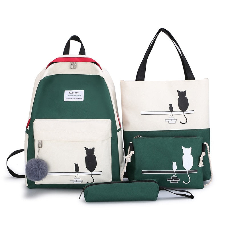 Ensemble 4 Pièces Sac à Dos Canvas Patchwork Motif Chat – Femme, École & Quotidien, Noir, Bleu ou Vert