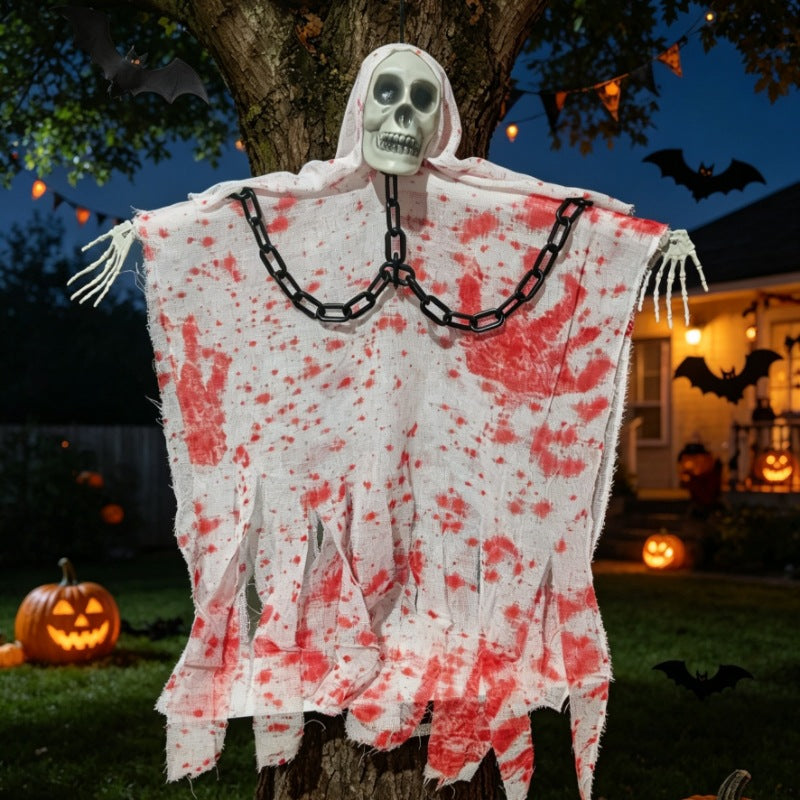 Fantôme Suspendu Halloween – Tissu Soie Pliable, Chaîne Squelette, Déco Porte Maison Hantée, Blanc ou Taché de Sang