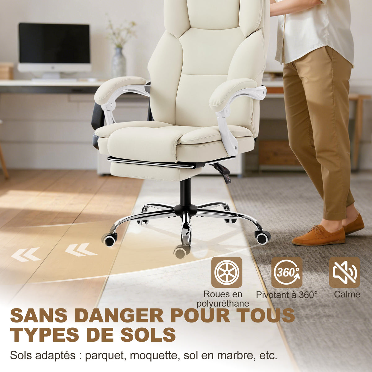 Fauteuil de Bureau Ergonomique Beige – Cuir Synthétique Anti-Griffures, Repose-Pieds, Inclinaison 155°, Mousse Haute Résilience, 120kg