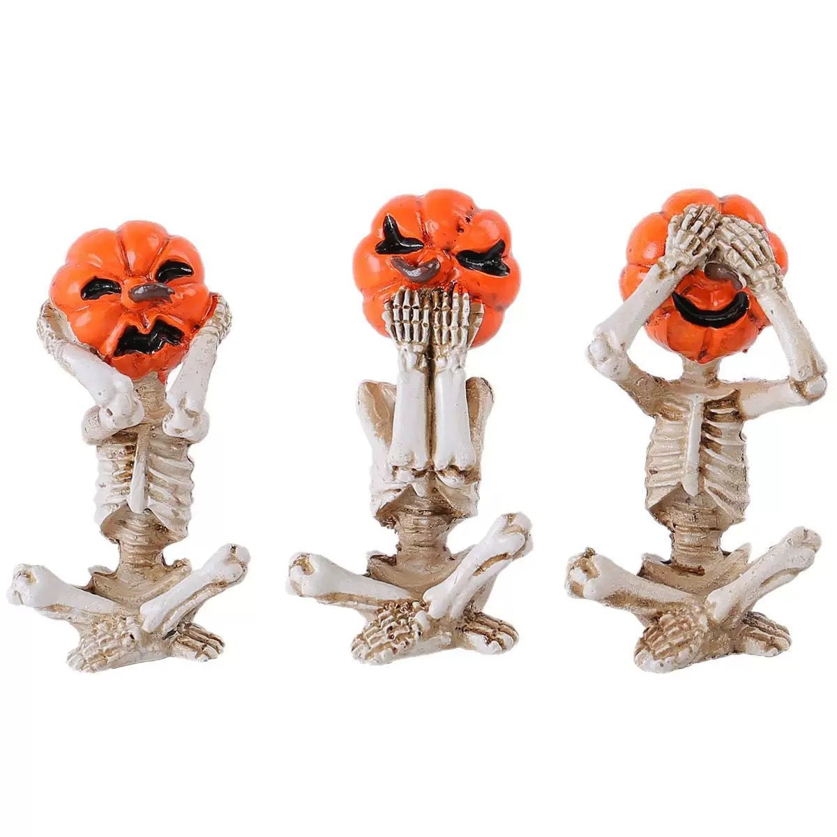 Figurine Crâne Citrouille Yoga Halloween – Les 3 Singes de la Sagesse Version Horreur, Résine, Déco Prop Macabre