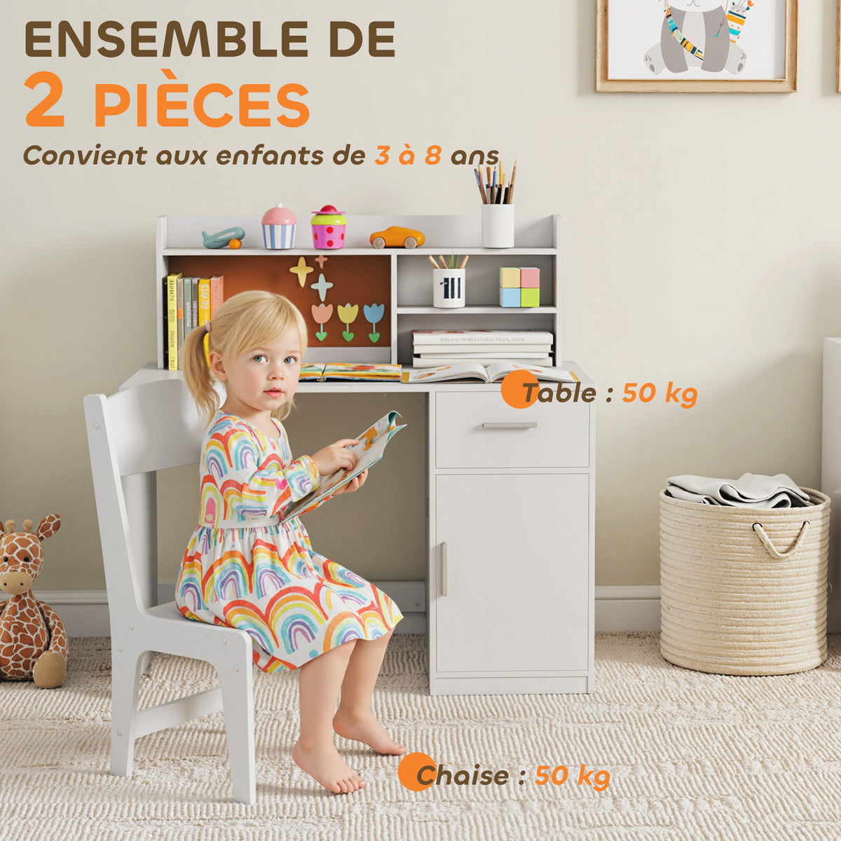 Ensemble Bureau & Chaise Enfant Blanc – Tableau Liège, Tiroir, Placard & Compartiments, MDF, 3-12 Ans, Norme EN71