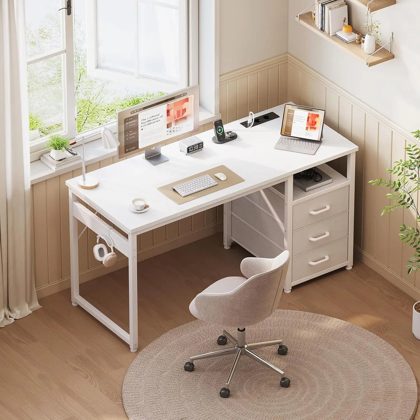 Bureau d'écriture Coleshome avec 3 tiroirs en tissu – Prises USB intégrées, 120x48x75,5 cm
