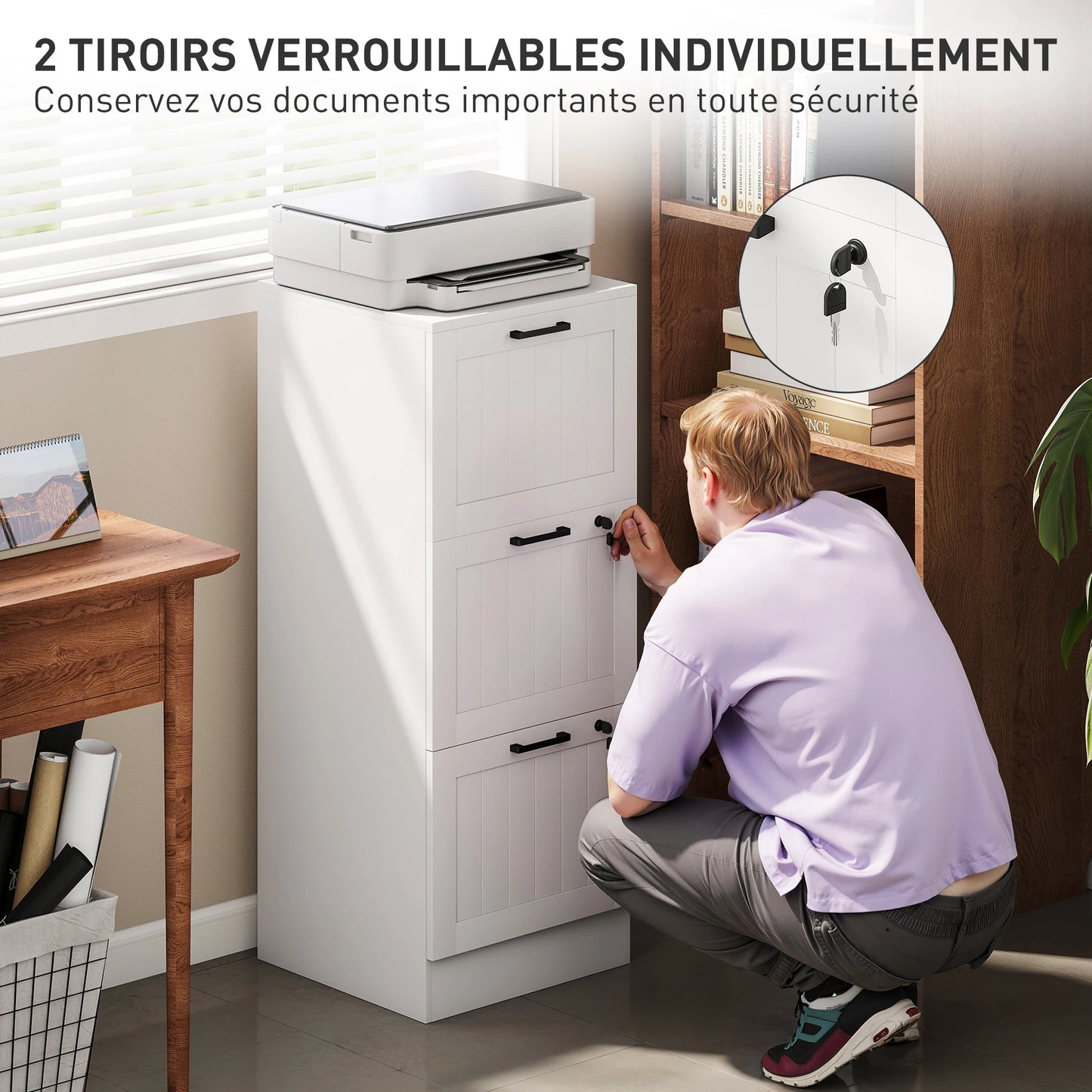 Caisson de Bureau HOMCOM 3 Tiroirs avec Serrures – Classeur A4, Support Imprimante, 40x40x101 cm Blanc