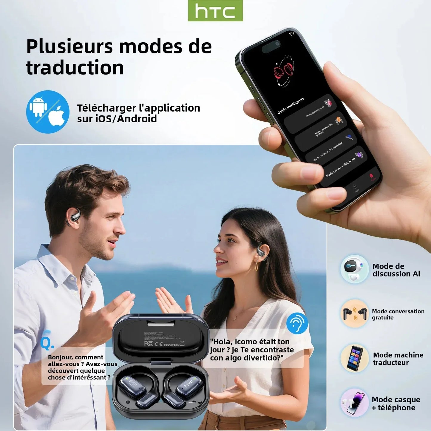Écouteurs Traducteur IA HTC NE25 – Bluetooth 5.4, Tactile, Waterproof, Micro HD