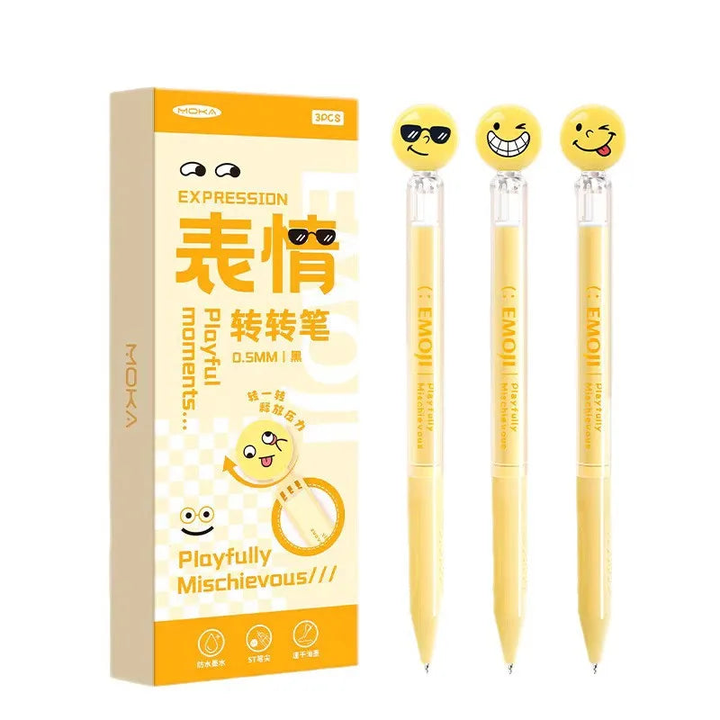 Stylo Gel Rotatif Kawaii Smiley – Lot de 3, Écriture Fluide