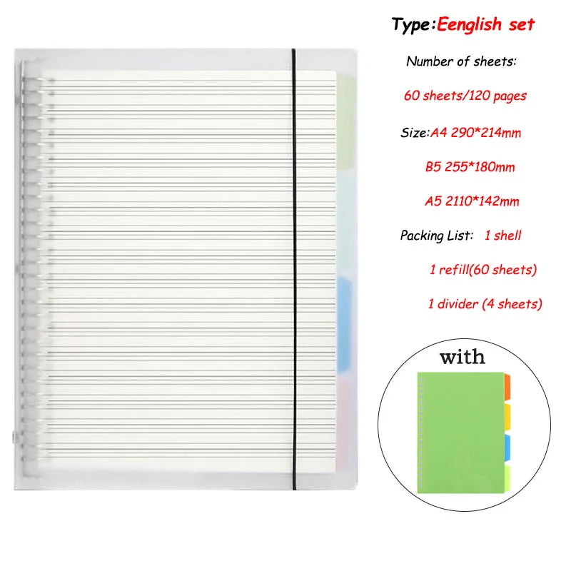 Classeur à Feuilles Mobiles A4, A5 ou B5 – 60 Feuilles – Couverture PVC – Ligné, Quadrillé, Vierge, Cornell & Anglais