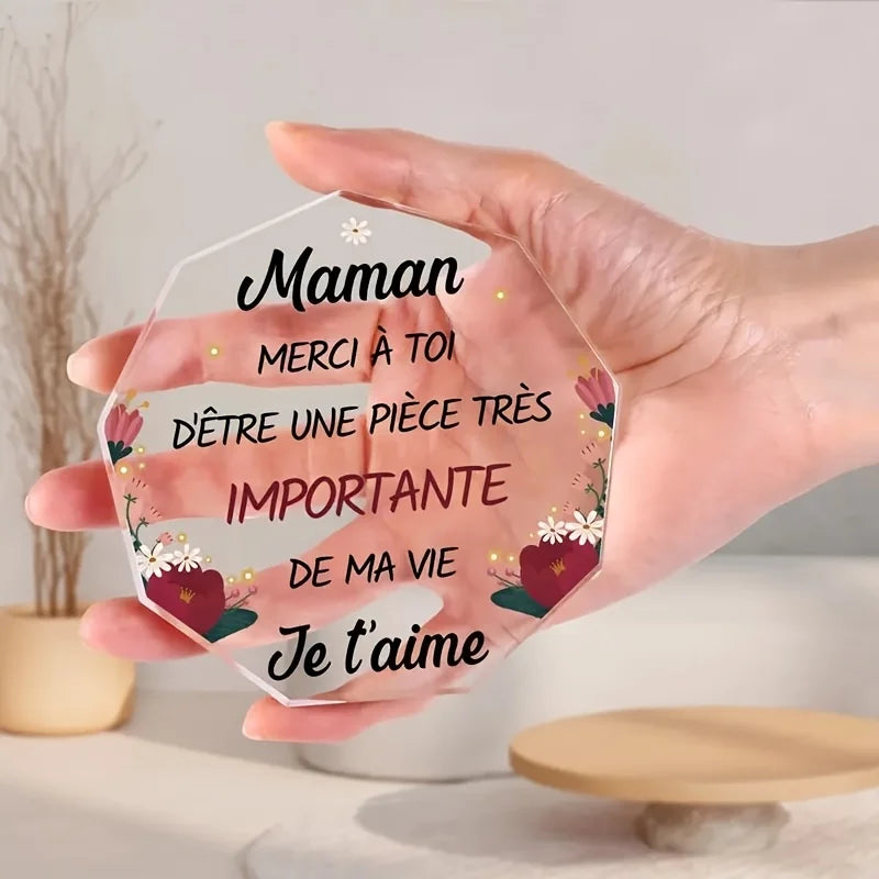 Plaque Acrylique Maman – Cadeau Fête des Mères, Message Gravé du Cœur