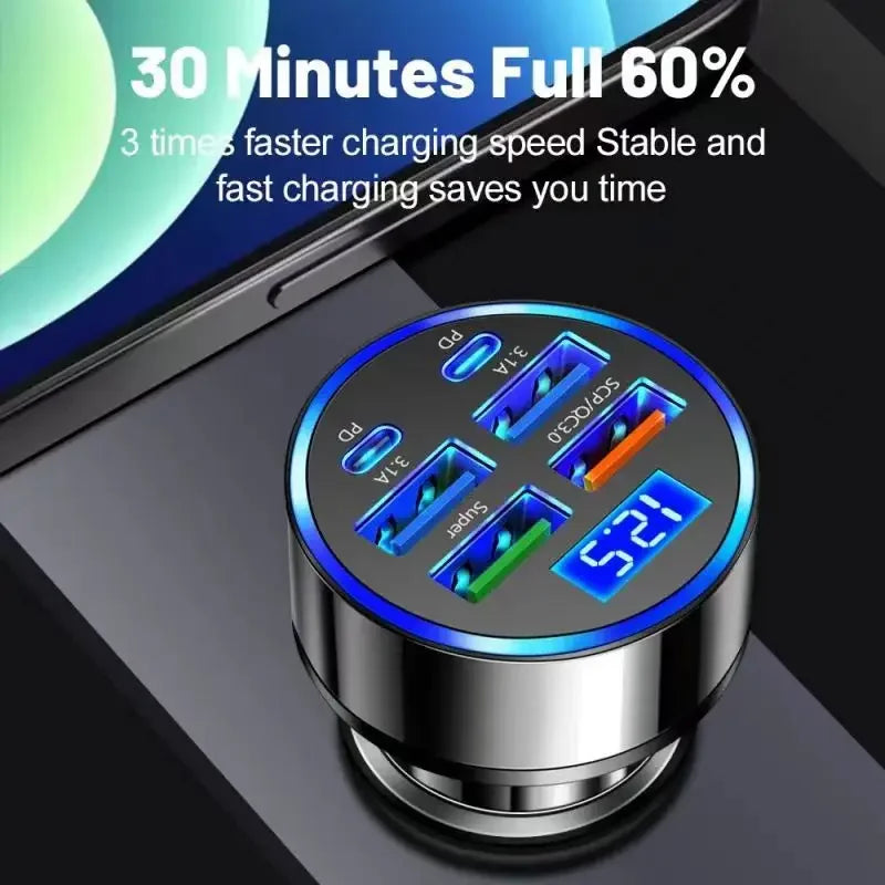 Chargeur Voiture USB-C 6-en-1 UYUXIO – Affichage Voltage, Charge Rapide, Compatible iPhone 16 & Samsung