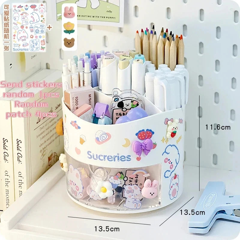 Porte-Stylos Rotatif avec Tiroir – Style Kawaii – Organiseur Bureau – 10 Coloris Pastel