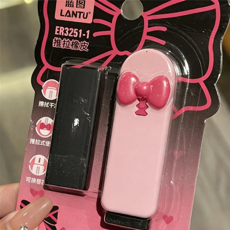Gomme Kawaii Nœud – Design Push-Pull, Papeterie Scolaire (Rose / Noir)
