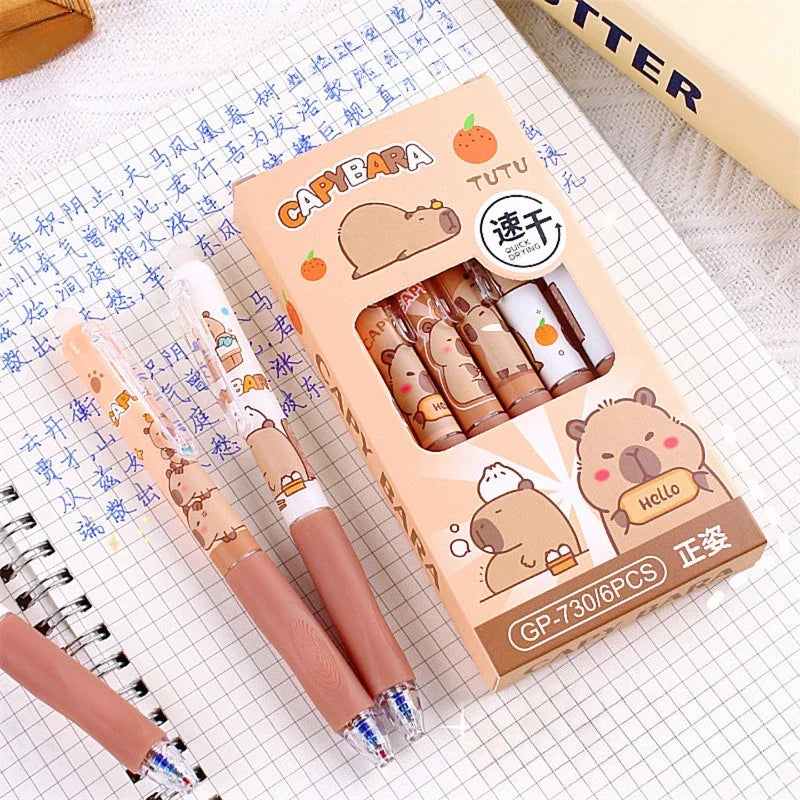 Lot de 6 Stylos Gel Effaçables Capybara – 0,5 mm, Encre Bleue & Noire, École & Bureau