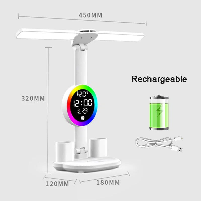 Lampe de Bureau LED avec Horloge & Ventilateur – Interrupteur Tactile, Filaire ou Rechargeable, 3 Modèles