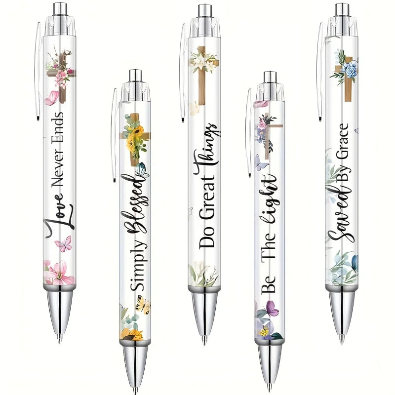 Lot de 5 Stylos Bille – Citations Chrétiennes Inspirantes, Rétractables, Homme & Femme, Bureau