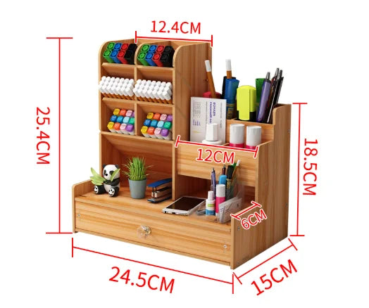 Organiseur de Bureau en Bois DIY – Porte-Stylos avec Tiroir, Grande Capacité, Noir ou Bois de Cerisier
