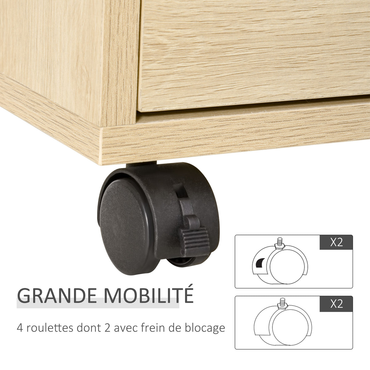 Caisson de Bureau sur Roulettes – 4 Tiroirs Coulissants, MDF Bois Naturel, Anti-Basculement, 46x40x65cm, Home Office