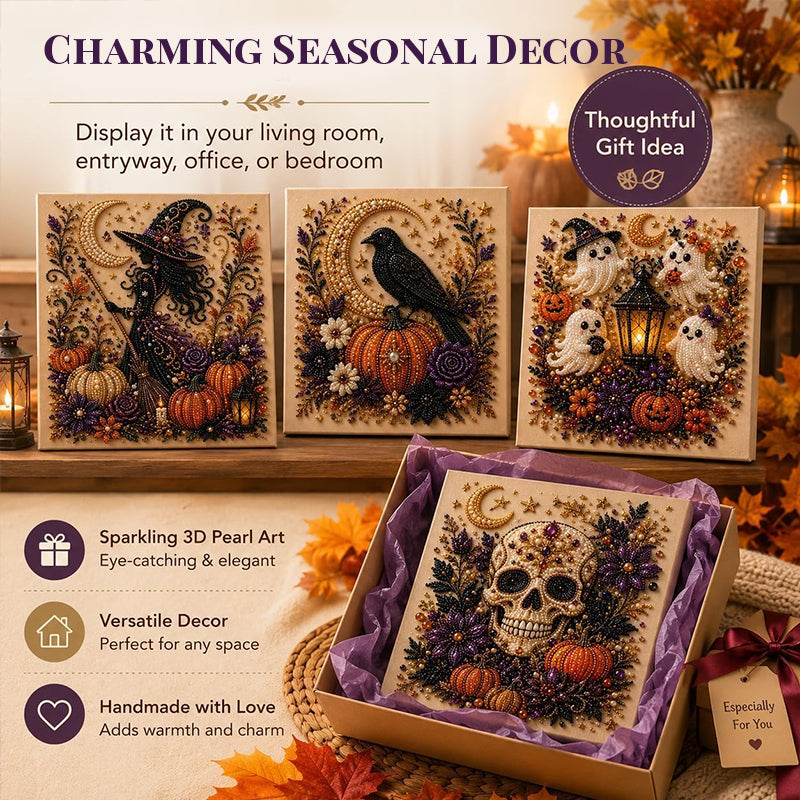 Kit Peinture Diamant Halloween – Tableau DIY 20x20cm, 5 Motifs (Citrouille, Crâne, Sorcière…), Décoration Murale