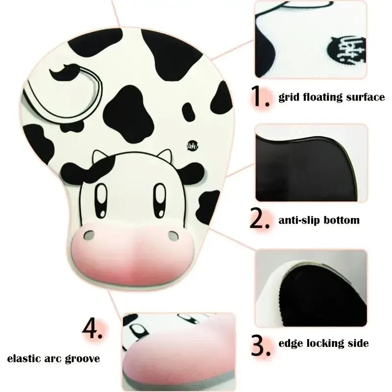 Tapis de Souris Repose-Poignet en Silicone – Support Ergonomique 19x23cm, 4 Motifs (Marbre, Or-Émeraude, Vache)