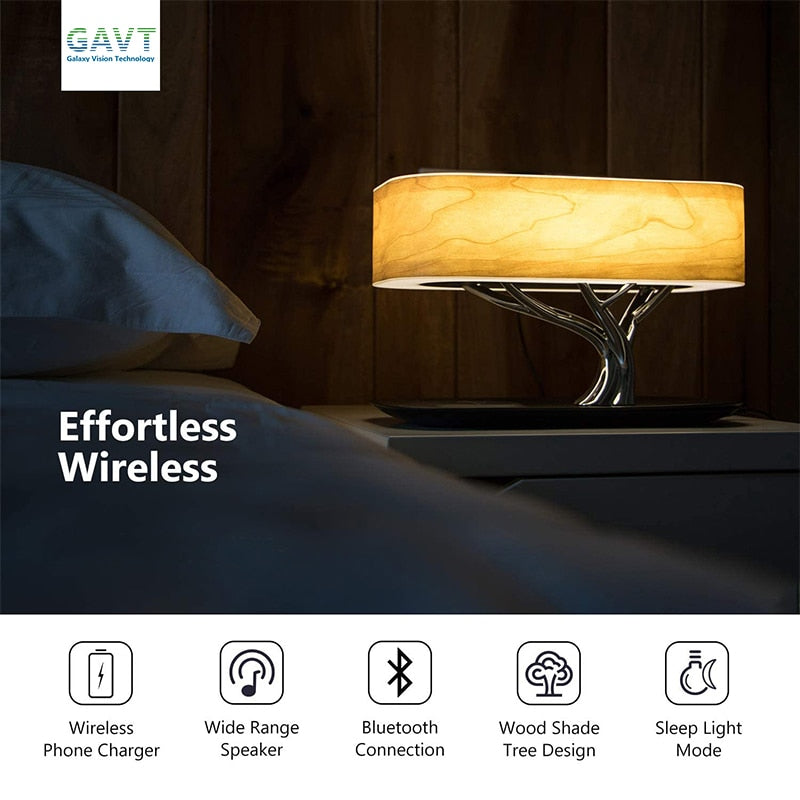 Lampe de Bureau LED Design Dimmable – Enceinte Bluetooth 4.0 + Chargeur Sans Fil Intégré, Aluminium & Bois, Chambre Bureau, Prise EU/US/UK