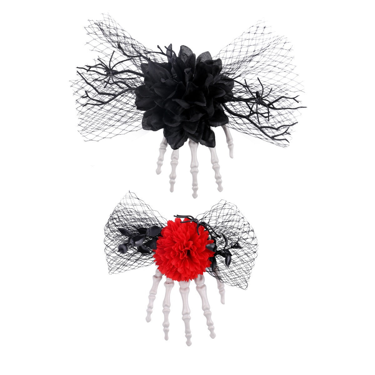Pince à Cheveux Squelette Main & Rose Halloween – Accessoire Coiffure Horreur, Noir ou Rouge, Soirée Déguisée