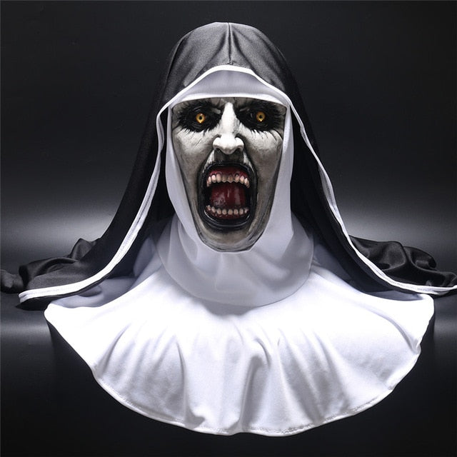 Masque La Nonne Valak Latex – Déguisement Horreur Halloween Cosplay, Masque + Foulard Voile Inclus, Taille Universelle