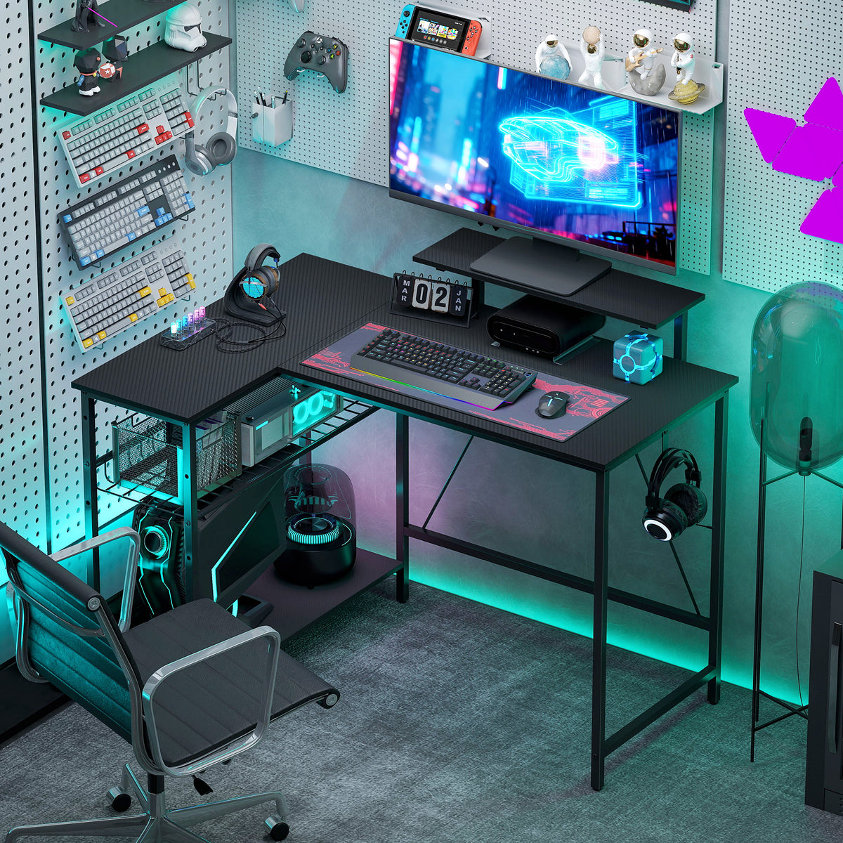 Bureau Gaming en L Réversible – Support Écran Intégré, Étagère Maille 3 Niveaux, 114.5x82x91.5cm, Acier & MDF, Noir