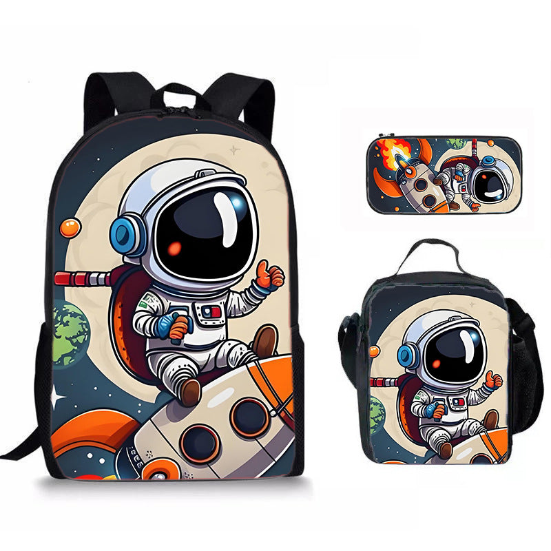 Set 3 Pièces Sac à Dos Scolaire Style Astronaute & Espace – Sac À Dos + Sac Repas + Trousse, Tissu Oxford, 6 Coloris, Enfant Ado Unisexe