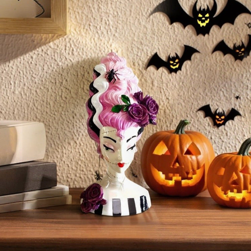 Statue Buste Demi-Corps Mariée de Frankenstein Rose – Sculpture Résine Déco Maison Halloween Style Moderne, Multicolore