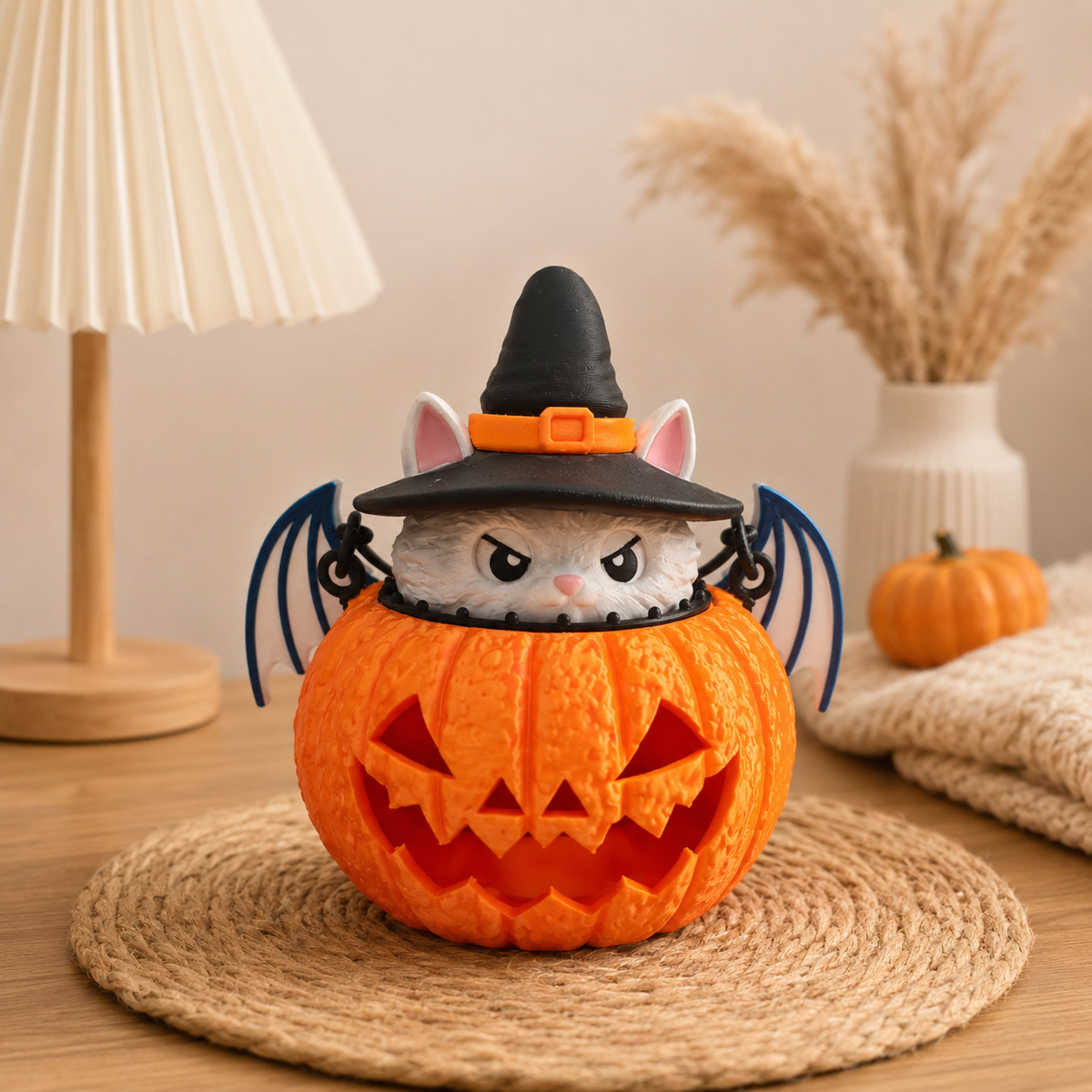 Lampe LED Halloween Citrouille & Chat – Impression 3D PLA 21 cm, Veilleuse Déco Bureau Ambiance Fête, Orange