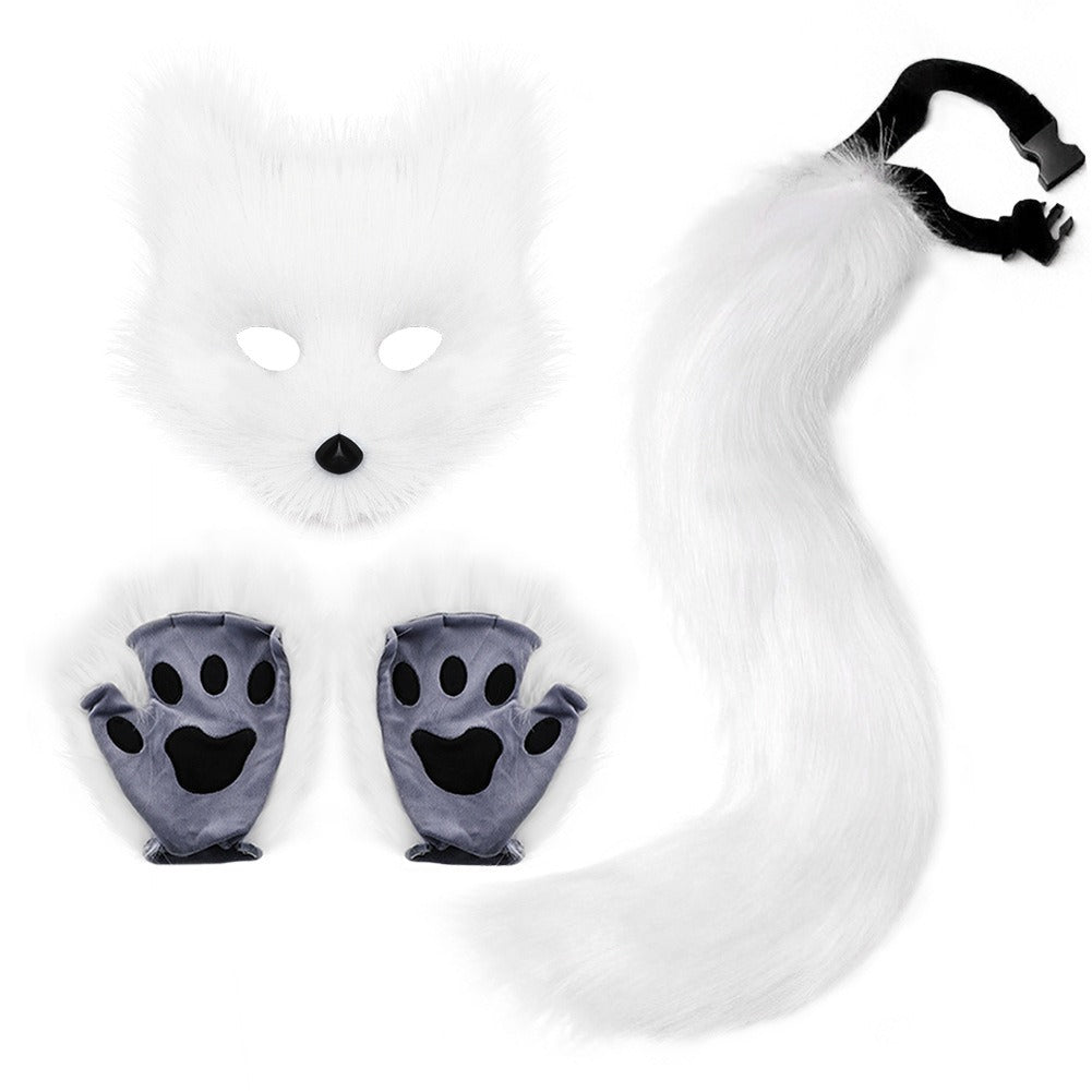 Set Renard Peluche Halloween – Masque + Gants + Queue Touffue, Cosplay Animal Fait Main, 4 Coloris, Lot de 3