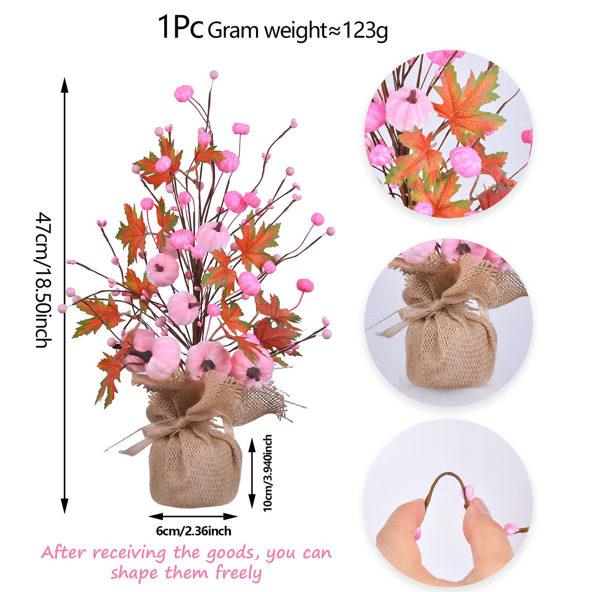 Arbre Décoratif Artificiel Automne & Halloween – Fleurs de Soie Rose, Feuilles d’Érable & Citrouilles, Déco Maison Jardin Bureau