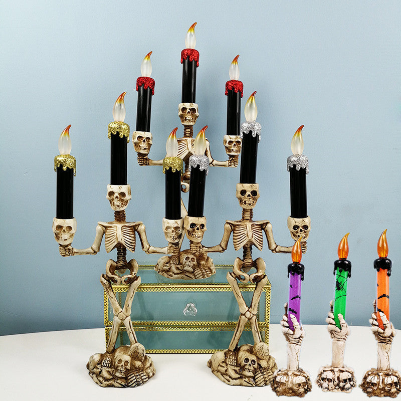 Bougeoir Squelette Halloween avec Bougie LED – Lanterne Citrouille Crâne Déco, 3 Coloris : Doré, Argent, Rouge