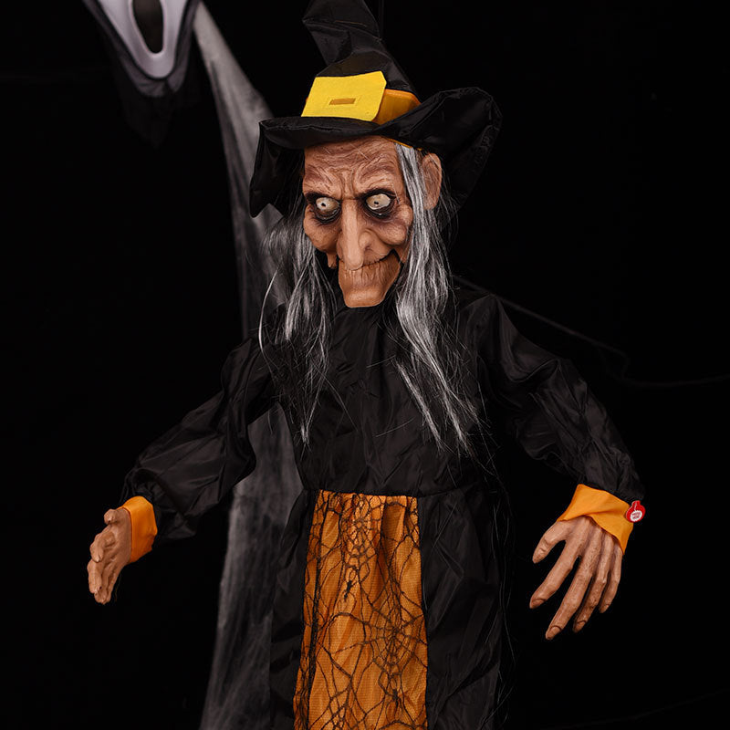 Sorcière Suspendue Animatronique Halloween 123 cm – Contrôle Vocal & Tactile, Yeux Lumineux, Parle & Dents Claquent
