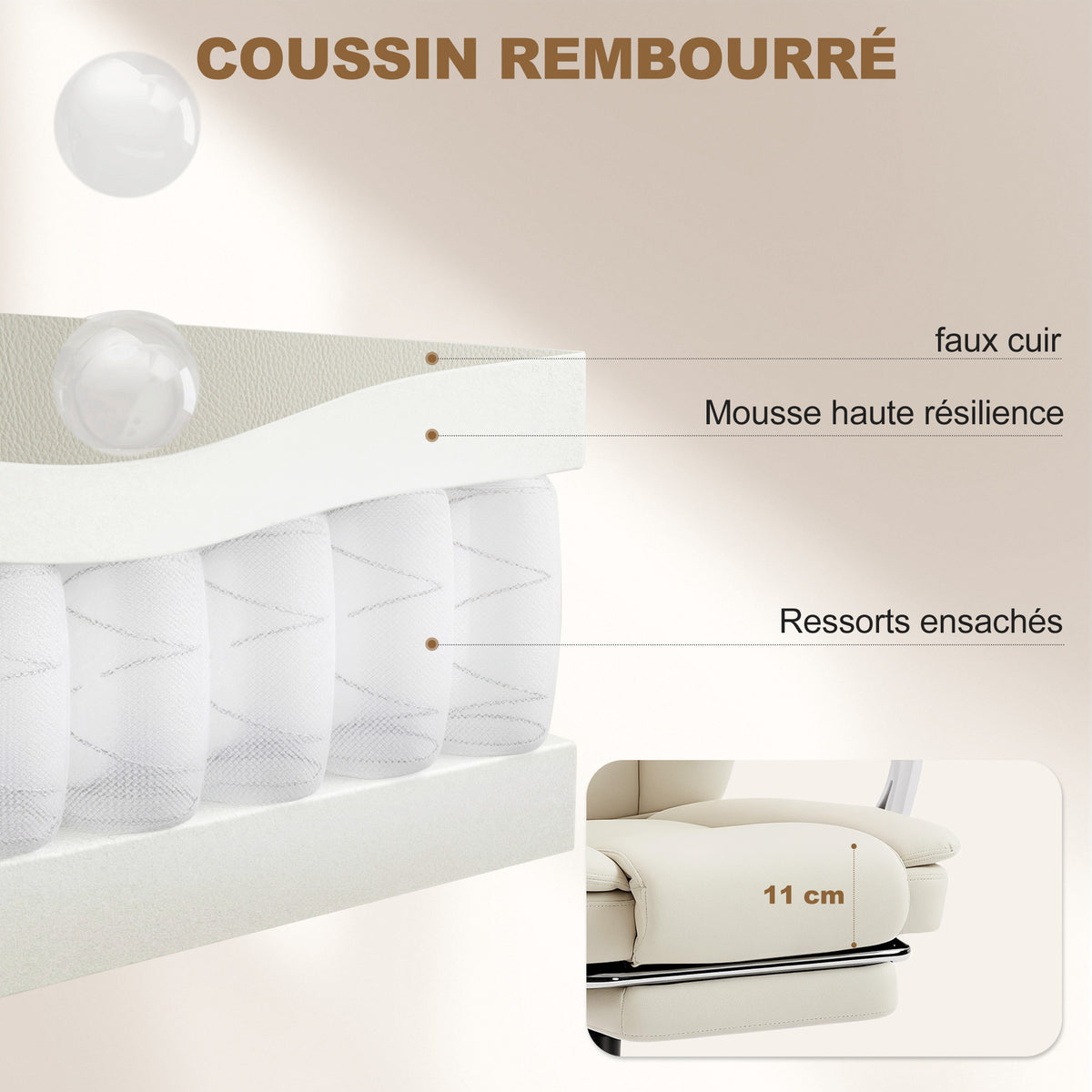 Fauteuil de Bureau Ergonomique Beige – Cuir Synthétique Anti-Griffures, Repose-Pieds, Inclinaison 155°, Mousse Haute Résilience, 120kg