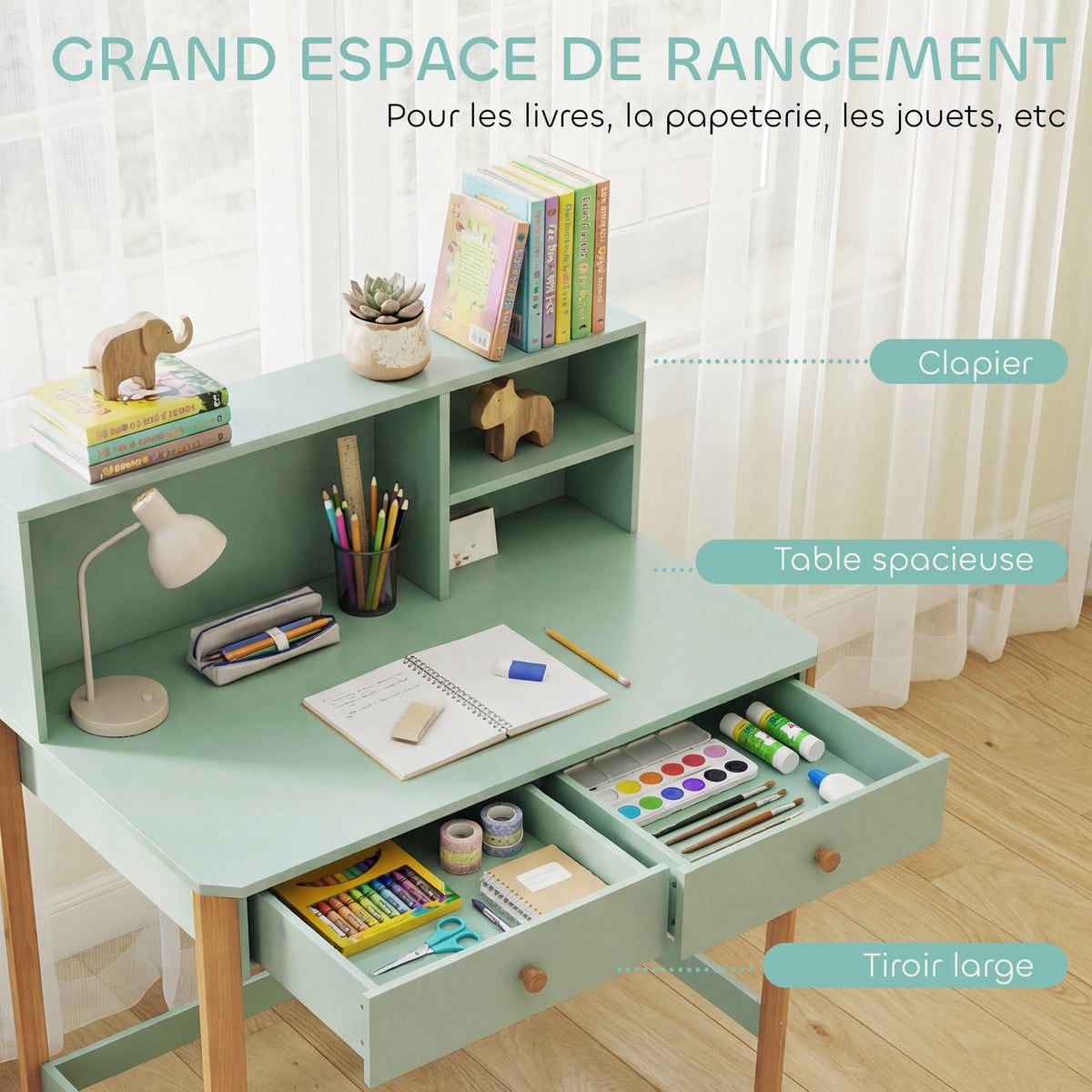 Bureau Enfant en Bois – 2 Tiroirs & 3 Compartiments, Plateau 90x37cm, MDF & Pin, Vert, 5-12 Ans, Norme EN71