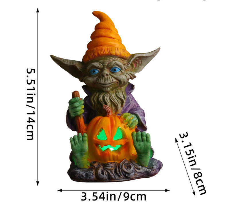 Figurine Lutin Citrouille Halloween en Résine – Gnome Lumineux Décoratif, 3 Styles, Déco Bureau Étagère Maison