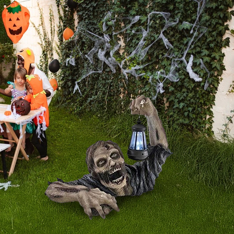 Lanterne Zombie Rampant Halloween LED – Statue Résine 14,5x10x19 cm, Éclairage À Piles ou Solaire, Déco Extérieur
