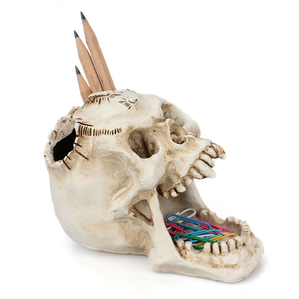 Pot à Crayons Crâne Terreur en Résine – Range-Stylos Déco Bureau Halloween, Organiseur Original Macabre