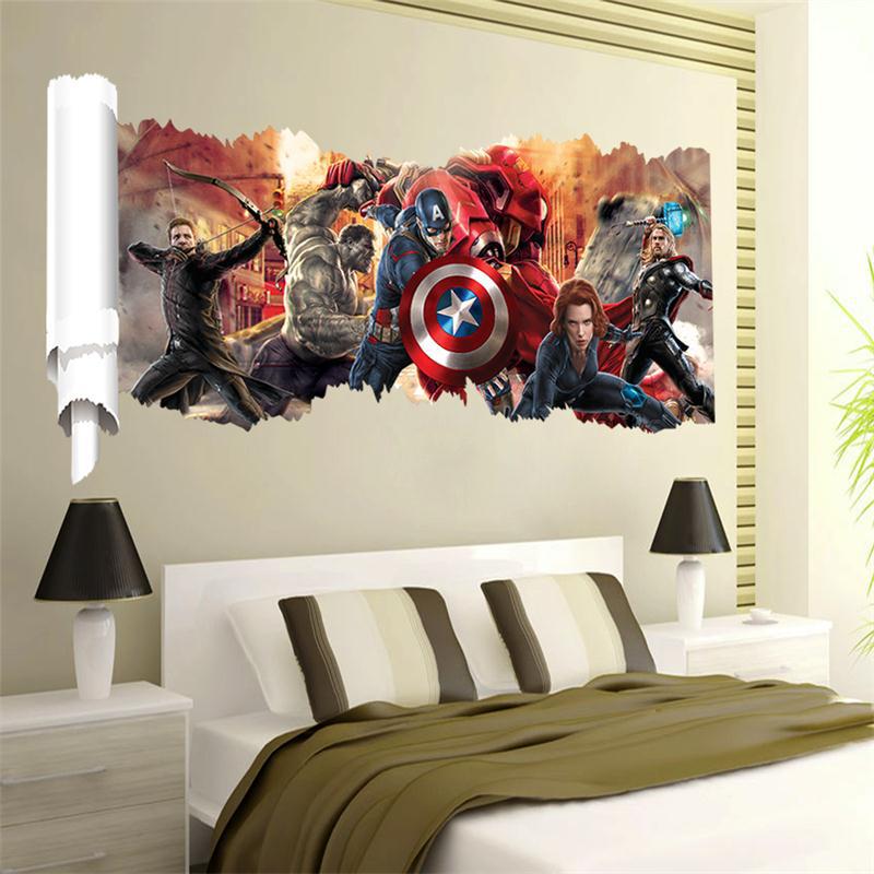 Sticker Mural 3D Trompe-l’Œil Avengers – Décoration Murale PVC Salon & Chambre, Effet Trou