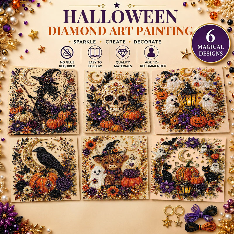 Kit Peinture Diamant Halloween – Tableau DIY 20x20cm, 5 Motifs (Citrouille, Crâne, Sorcière…), Décoration Murale
