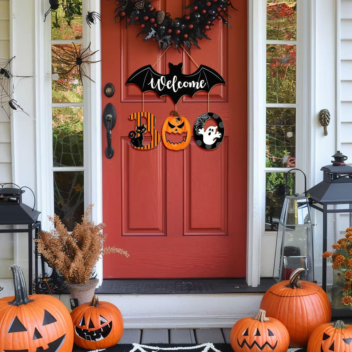 Panneau Porte Bois Halloween « BOO » – Plaque Décorative Fantômes & Chauves-Souris à Suspendre, Noir, Déco Entrée Maison